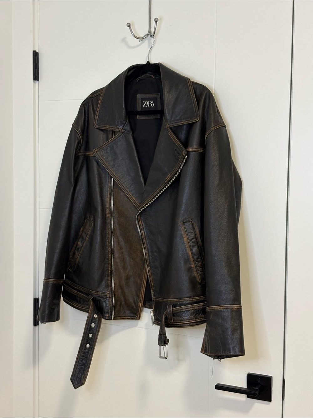 Zara Men's Dark Brown Leather Bomber Jacket with Contrast Stitching